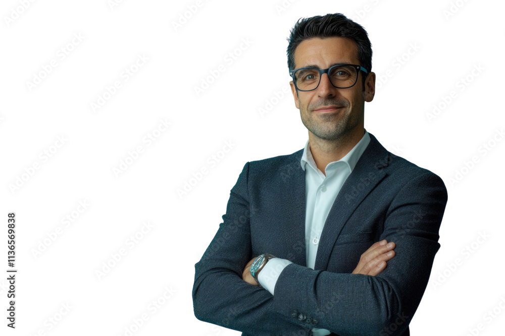 Business man in glasses and formal clothes looking at viewer with confidence and friendly smile, standing with arms crossed, isolated on blue background Business man in glasses and formal clothes looking at viewer with confidence and friendly smile, standing with arms crossed, isolated on blue background