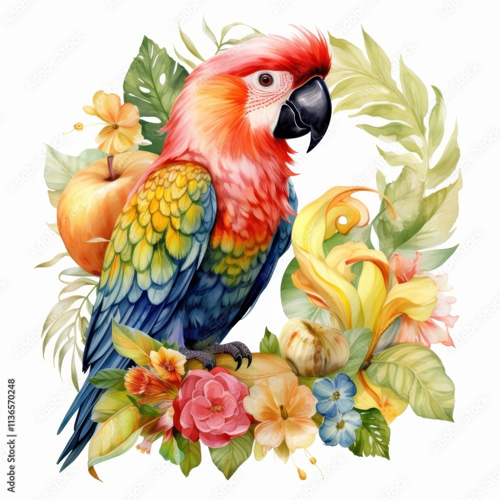 Obraz premium Isolated on white background of a charming parrot holding a tiny bow in its beak adorned with tropical fruits, vibrant floral patterns.