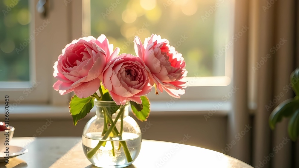 Obraz premium Pink flowers roses in a vase, sunny room with soft light and cozy atmosphere