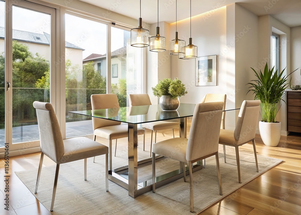 Fototapeta premium Minimalist Glass Dining Room: Modern Interior Design, Clean Lines, Architectural Photography