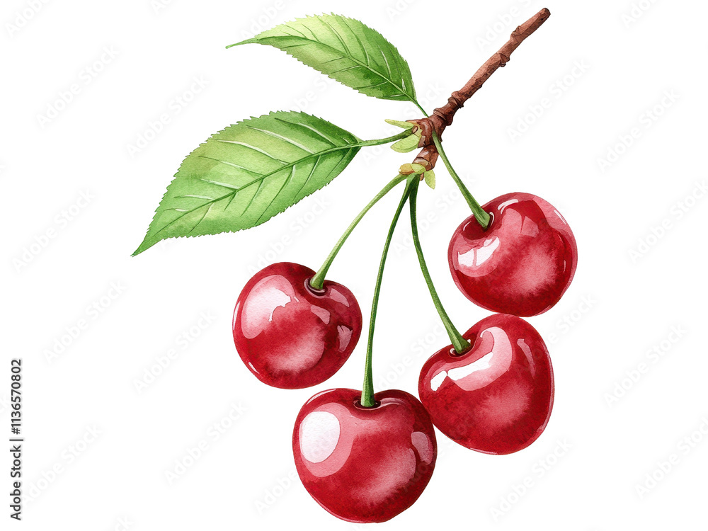 Vibrant Red Cherries on a Branch Showcasing Their Juicy Deliciousness and Lush Green Leaves