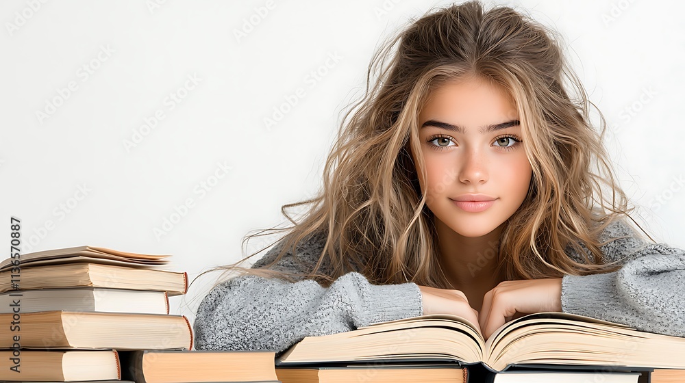 A school student crouched behind a stack of books with one open in front, eyes directed at the pages, subtle shadow gradients on a white backdrop, Ultra-Realistic, Photo Realistic, highly detailed, A school student crouched behind a stack of books with one open in front, eyes directed at the pages, subtle shadow gradients on a white backdrop, Ultra-Realistic, Photo Realistic, highly detailed,