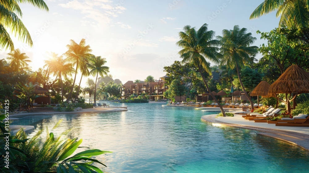 Fototapeta premium Serene Tropical Resort Oasis with Lush Palm Trees and Crystal Clear Waters at Sunset