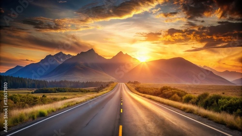 Asphalt road disappearing into a vibrant sunset beyond a mountain range