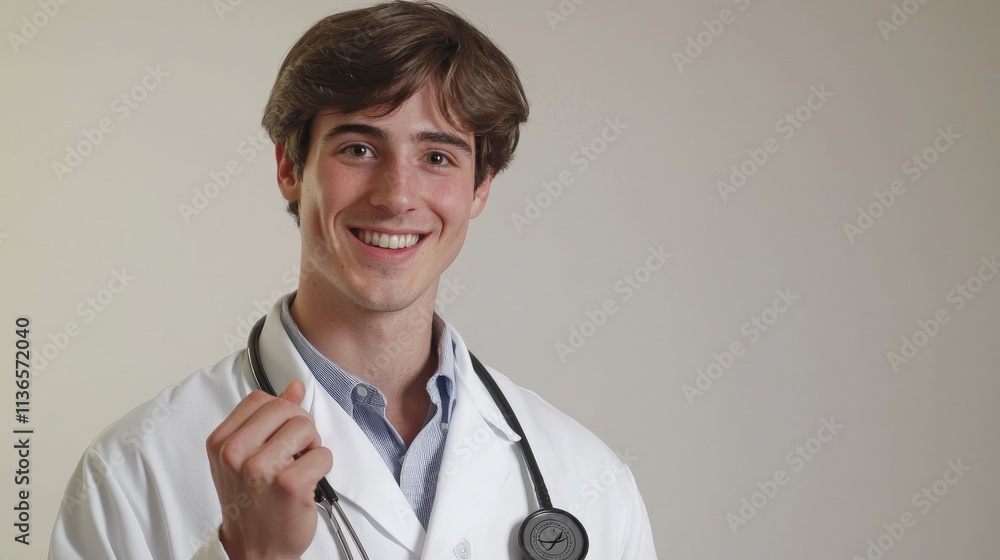 A confident young male doctor in a white coat, smiling warmly, holding a stethoscope, studio lighting with a soft white background, A confident young male doctor in a white coat, smiling warmly, holding a stethoscope, studio lighting with a soft white background,