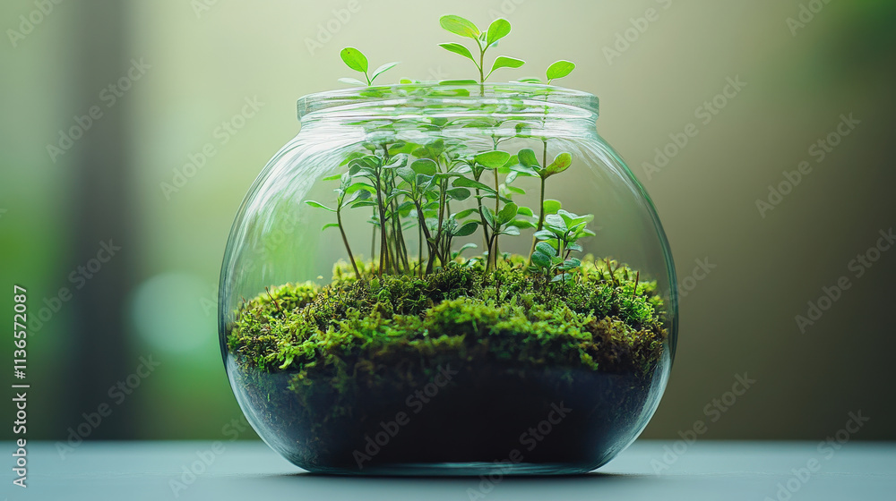 A glass jar filled with small plants and moss, eco-friendly theme, warm natural light, isolated on a white surface, minimalistic design A glass jar filled with small plants and moss, eco-friendly theme, warm natural light, isolated on a white surface, minimalistic design