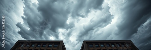 Stormy skies loom over sharp architectural lines in an urban landscape