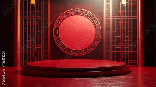 Chinese-Style Background, Red and Gold Color Scheme, Three-Dimensional Round Podium with Folding Fans Hanging on the Wall Behind It

 photo