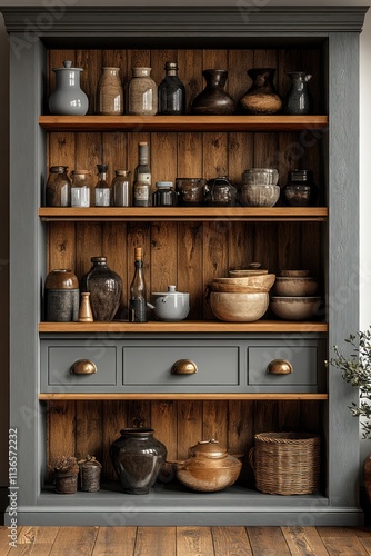 Rustic wooden pantry shelves filled with vintage jars, bottles, bowls, and kitchenware.