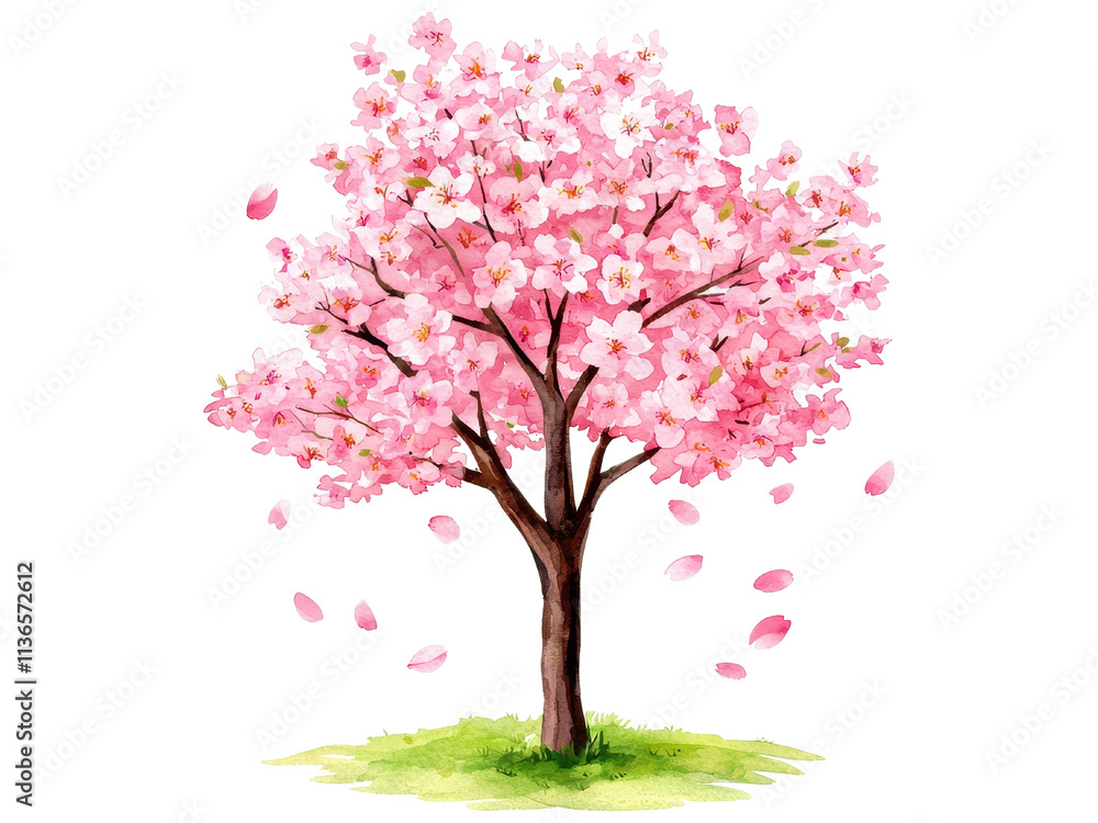 Beautiful Cherry Blossom Tree in Full Bloom Surrounded by Falling Petals on a Vibrant Green Grass Beautiful Cherry Blossom Tree in Full Bloom Surrounded by Falling Petals on a Vibrant Green Grass