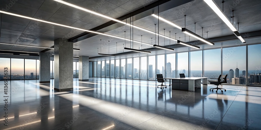Minimalist Office Silhouette, Monochrome Concrete Design, Geometric Lighting, Futuristic Workspace, Modern Interior Minimalist Office Silhouette, Monochrome Concrete Design, Geometric Lighting, Futuristic Workspace, Modern Interior