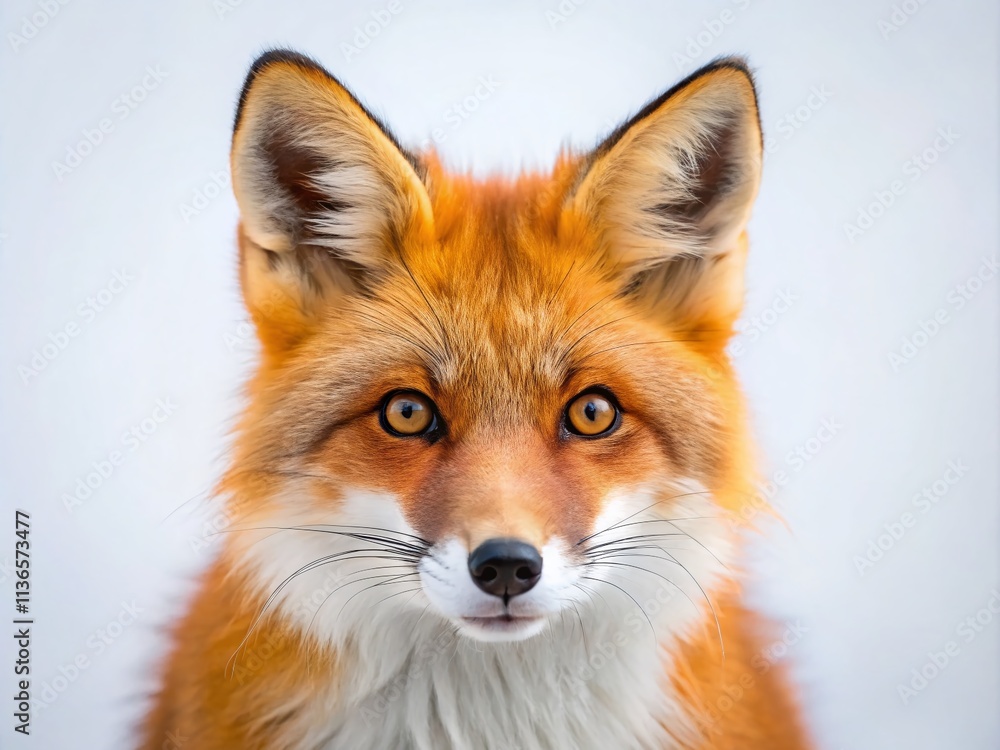 Fototapeta premium Minimalist Red Fox Portrait: Amber Eyes, Orange Fur, White Background