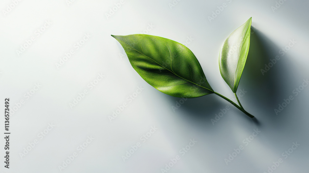 Fototapeta premium A single green leaf on a clean white background, sharp details, soft shadows, minimalist and modern aesthetic