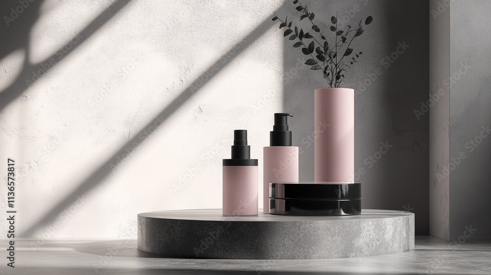 Products Display Skincare Bottles and Jar Mockup with leaf and natural light, pink Products Display Skincare Bottles and Jar Mockup with leaf and natural light, pink
