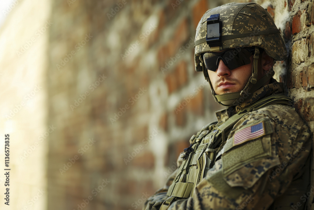 U.S. soldier in uniform stands confidently against brick wall, showcasing determination and strength. soldier wears sunglasses and tactical vest, embodying sense of readiness and resilience U.S. soldier in uniform stands confidently against brick wall, showcasing determination and strength. soldier wears sunglasses and tactical vest, embodying sense of readiness and resilience