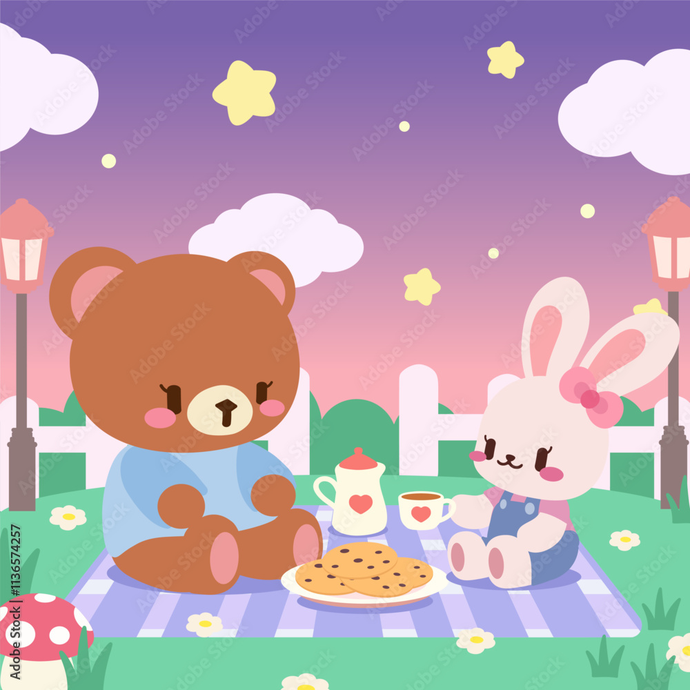 Evening picnic with bear and bunny under a starry sky. Adorable bear and bunny enjoying a peaceful evening picnic under a twilight sky filled with stars. Evening picnic with bear and bunny under a starry sky. Adorable bear and bunny enjoying a peaceful evening picnic under a twilight sky filled with stars.