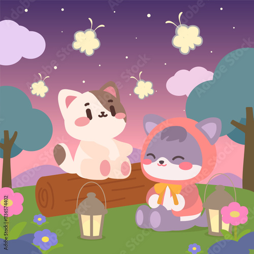 A cute illustration featuring two adorable cats sitting on a log under a serene twilight sky, surrounded by glowing fireflies and lanterns. 