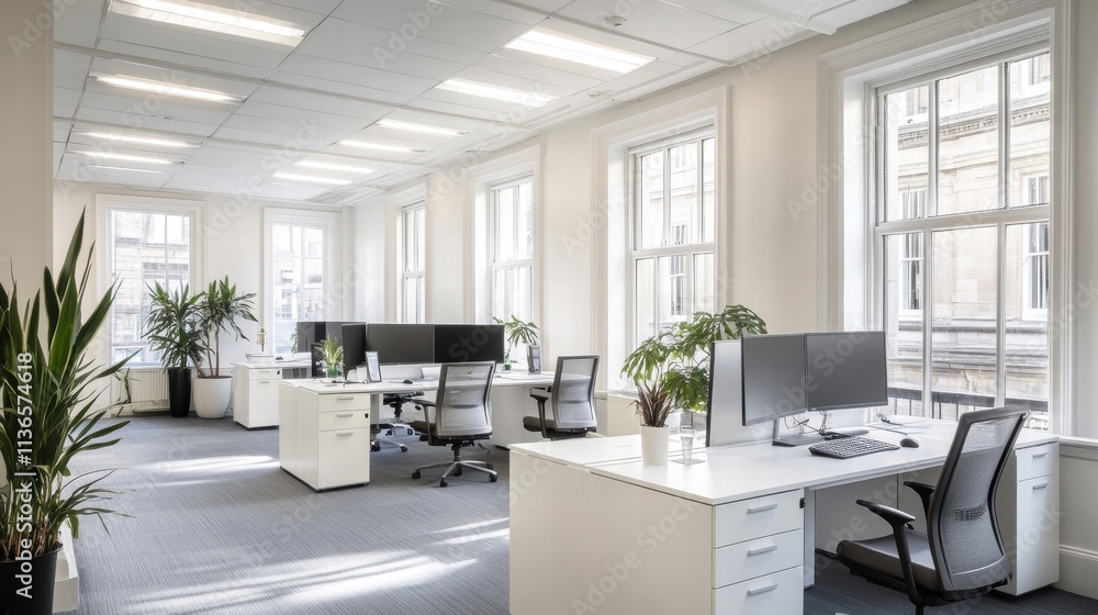 Fototapeta premium modern bright office workspace with large windows