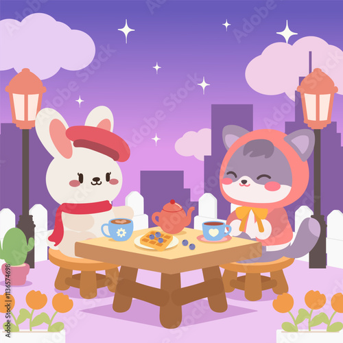 Kawaii bunny and cat enjoying tea and waffles at twilight. Adorable evening tea party with bunny and cat friends.
