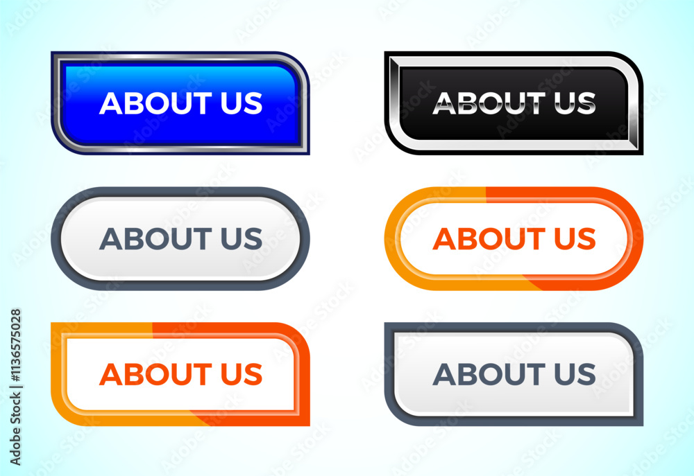About us button set of different shapes and colors. Suitable for mobile app, and website UI design. About us button set of different shapes and colors. Suitable for mobile app, and website UI design.