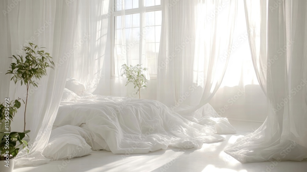 serene white bedroom with sheer curtains and sunlight serene white bedroom with sheer curtains and sunlight