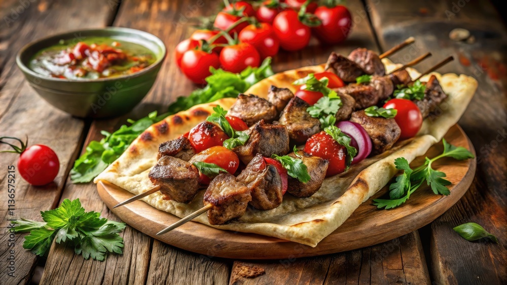 Delicious Grilled Meat Skewers Served on Flatbread with Cherry Tomatoes and Herbs Delicious Grilled Meat Skewers Served on Flatbread with Cherry Tomatoes and Herbs