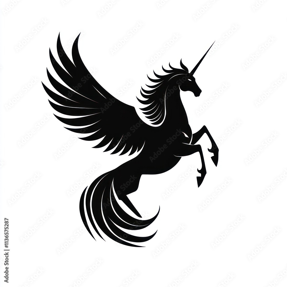 Majestic black winged unicorn soaring. Majestic black winged unicorn soaring.