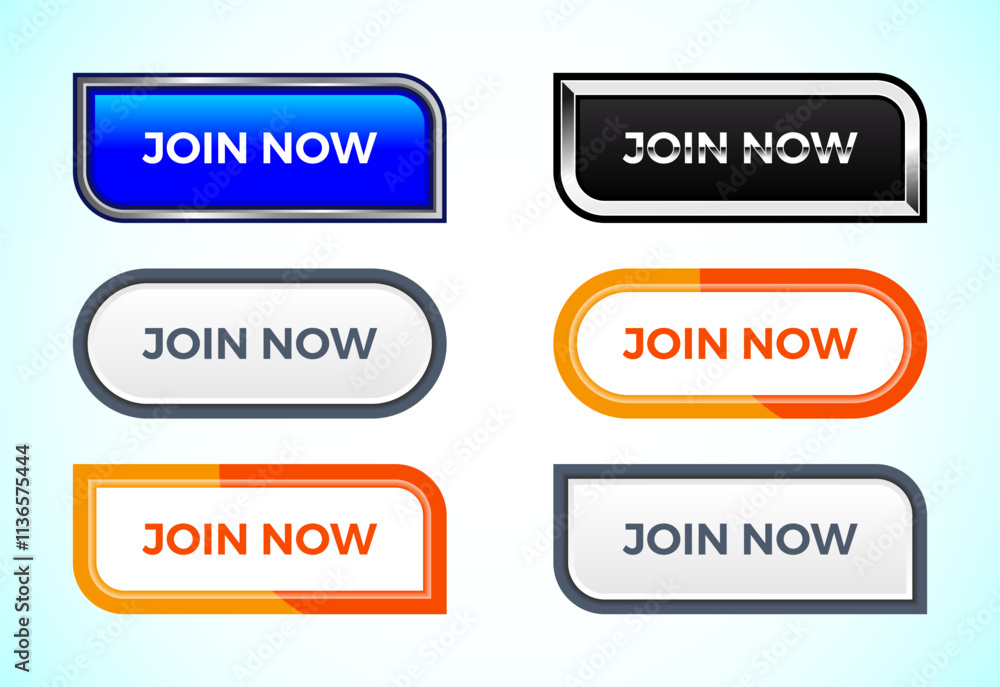 Join now button set of different shapes and colors. Suitable for mobile app, and website UI design. Join now button set of different shapes and colors. Suitable for mobile app, and website UI design.