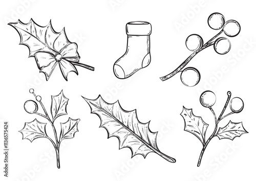 Set of Christmas Mistletoe vintage style. Hand drawn and isolated on monochrome background. Perfect for holiday designs and packaging. Menu. Vector illustration.