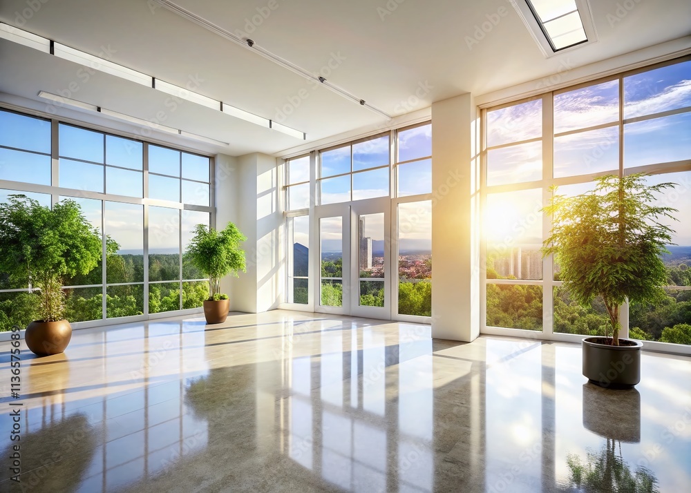 Fototapeta premium Minimalist White Interior Design: Bright, Spacious Room with Large Windows, Airy Atmosphere, Modern Home Decor