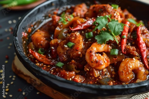 Spicy Shrimp Dish with Vegetables and Red Chili Peppers in a Black Bowl Surrounded by Seasoning on a Dark Table Setting