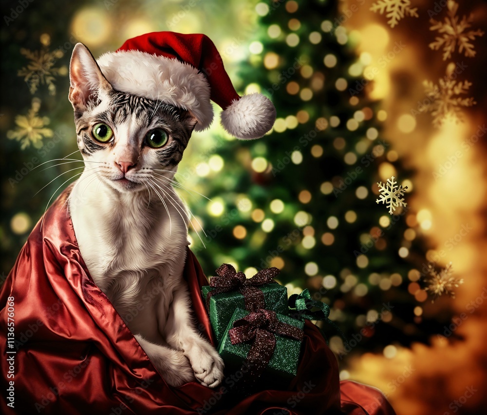 cat in the world as Santa Claus, wearing a Santa hat and a red Santa coat,to his left is a big sack with lots of presents, in the background a Christmas