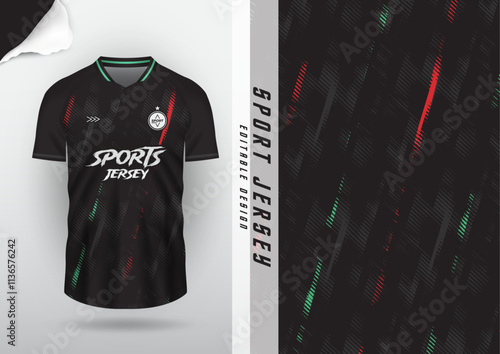 Jersey design, jersey, football, soccer, futsal, running, badminton, tennis, exercise, rugby, texture pattern, halftone, black, green, red.