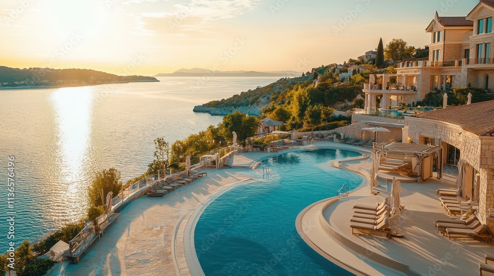 Fototapeta premium Breathtaking Luxury Resort with Stunning Views and Inviting Swimming Pools by the Seaside at Sunset