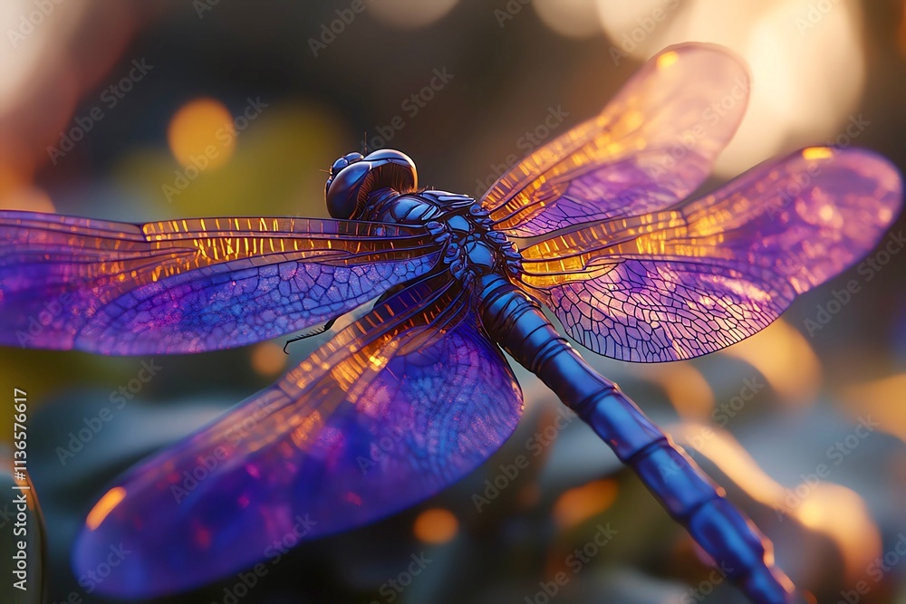 Close-up of a dragonfly with vibrant wings, captured in warm sunset light highlighting intricate details. Close-up of a dragonfly with vibrant wings, captured in warm sunset light highlighting intricate details.
