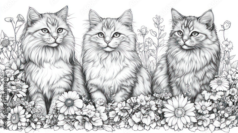custom made wallpaper toronto digitalThree fluffy cats sitting amidst blooming flowers.