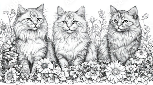 Wallpaper Mural Three fluffy cats sitting amidst blooming flowers. Torontodigital.ca