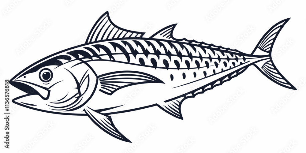 Fototapeta premium Vector Fish Mackerel Line Art, isolated white background