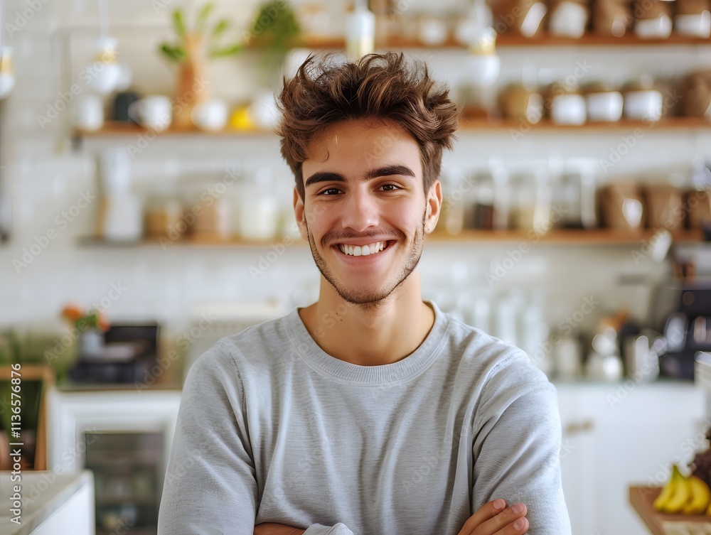 Obraz premium Young man with cheerful smile standing confidently in a cozy cafe environment, showcasing positivity and warmth in a friendly workspace atmosphere.