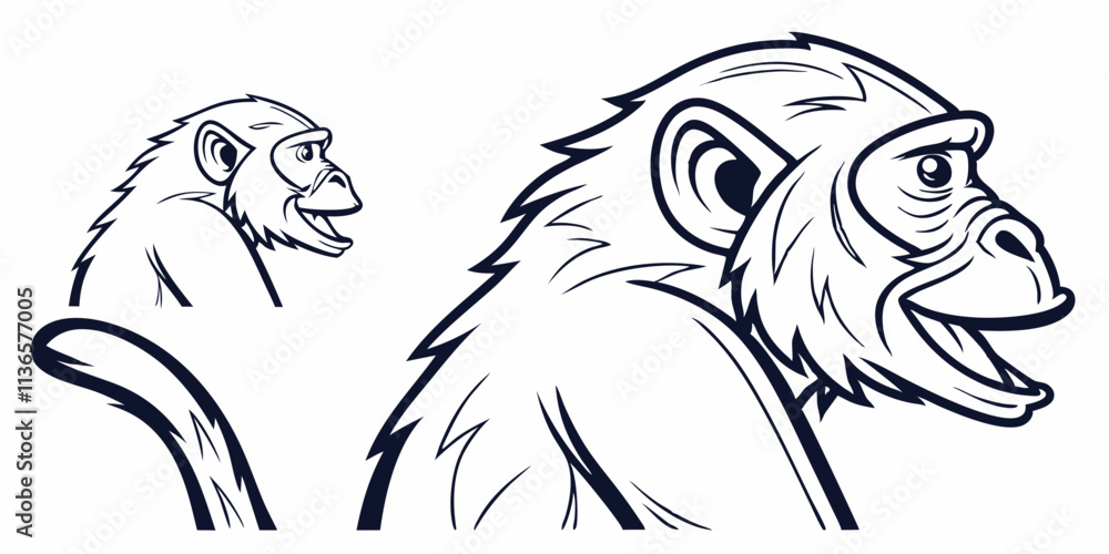 Naklejka premium Vector Monkey Line Art, isolated white background