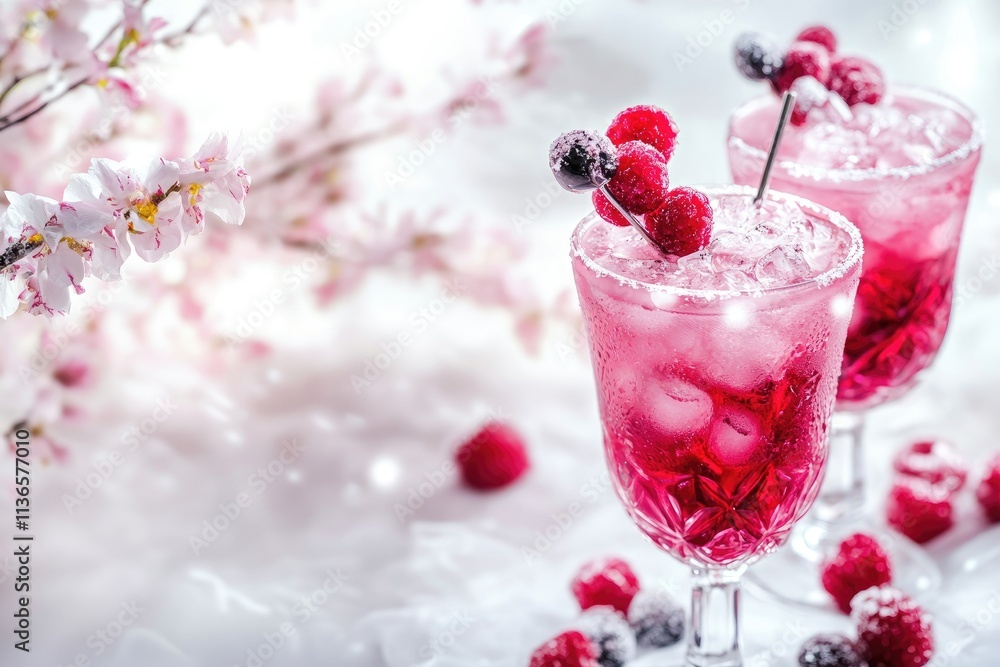 Refreshing Raspberry Cocktails with Ice and Blossoms Refreshing Raspberry Cocktails with Ice and Blossoms