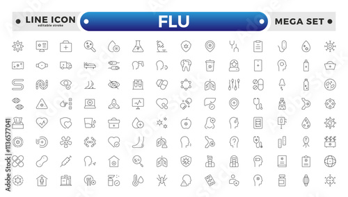 Flu icon set. Illness, diseases, sickness, allergy, pain, organs, virus, heart, eye, stomach, lungs, kidney, brain, bones, Symptoms, treatment and prevention of colds. Editable stroke outline icon.
