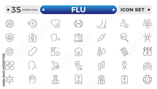 Flu icon set. Illness, diseases, sickness, allergy, pain, organs, virus, heart, eye, stomach, lungs, kidney, brain, bones, Symptoms, treatment and prevention of colds. Editable stroke outline icon.
