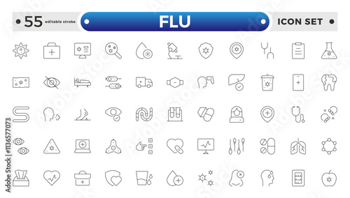 Flu icon set. Illness, diseases, sickness, allergy, pain, organs, virus, heart, eye, stomach, lungs, kidney, brain, bones, Symptoms, treatment and prevention of colds. Editable stroke outline icon.
