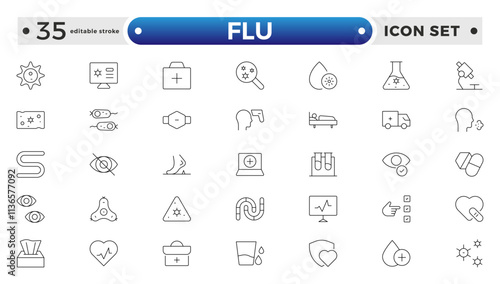 Flu icon set. Illness, diseases, sickness, allergy, pain, organs, virus, heart, eye, stomach, lungs, kidney, brain, bones, Symptoms, treatment and prevention of colds. Editable stroke outline icon.
