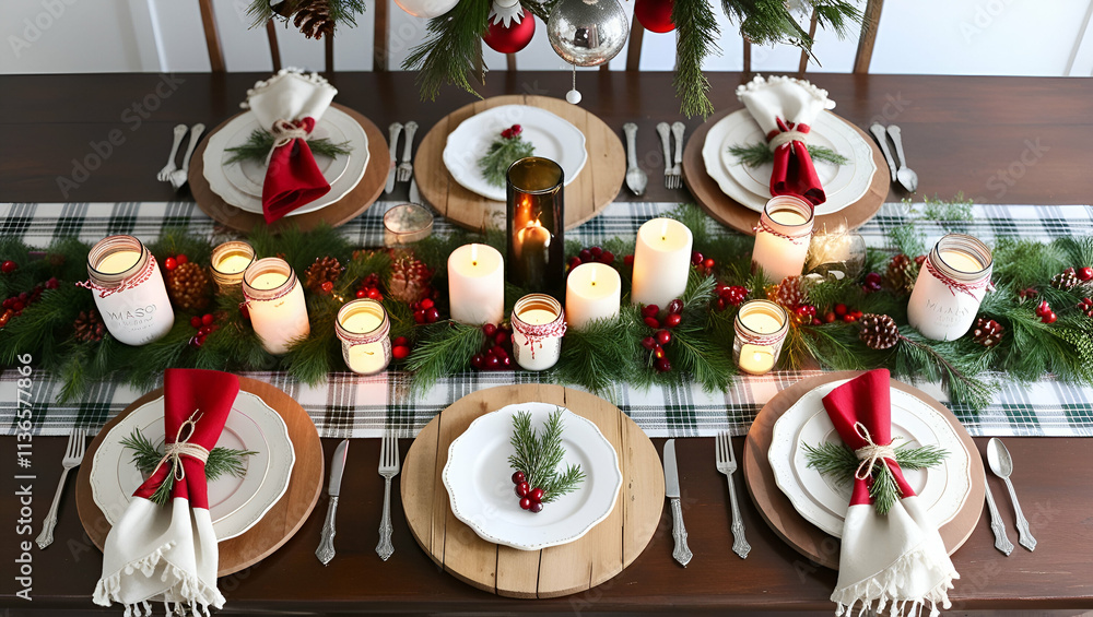 Christmas tablescape for a dinner.Place settings include vintage-style plates, red napkins tied with twine and a sprig of rosemary, and mason jars for drinks Christmas tablescape for a dinner.Place settings include vintage-style plates, red napkins tied with twine and a sprig of rosemary, and mason jars for drinks