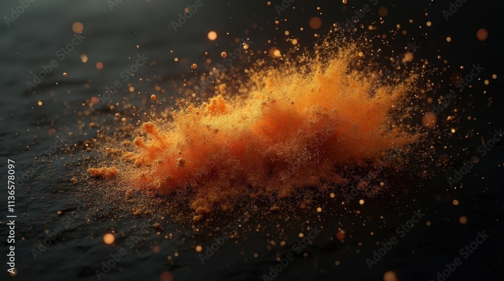 Gold Powder with Delicate Red Tips Scattered in Clusters on Aged Black Surface Gold Powder with Delicate Red Tips Scattered in Clusters on Aged Black Surface