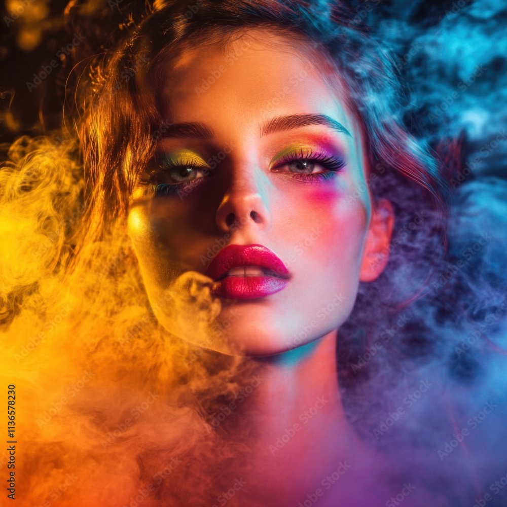 Girl in neon lights surrounded by colorful smoke, capturing the vaping concept among youth. Girl in neon lights surrounded by colorful smoke, capturing the vaping concept among youth.