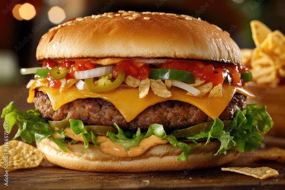 Delicious Cheeseburger Topped With Salsa And Tortilla Chips Delicious Cheeseburger Topped With Salsa And Tortilla Chips