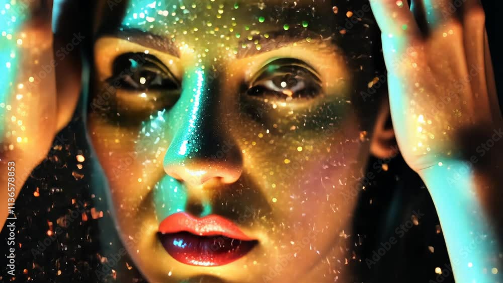Glamorous Close-Up of a Beautiful Woman with Colorful Makeup and Sensual Eyes in Studio Setting Glamorous Close-Up of a Beautiful Woman with Colorful Makeup and Sensual Eyes in Studio Setting